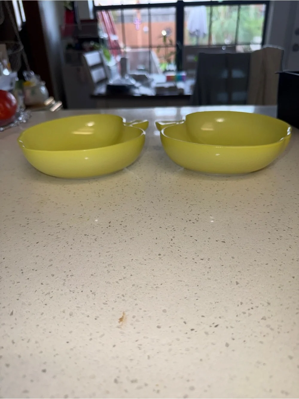 2 Vtg Hazel Atlas Orchard Ware apple shaped bowls in bright yellow Platonite